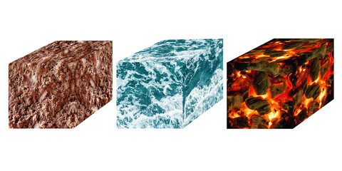 Cubes of the element of nature : earth, water,fire 