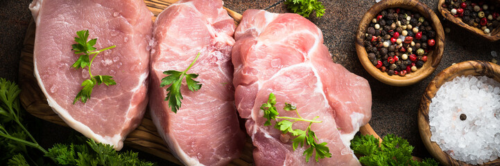 Fresh meat. Raw pork steak. Long banner format.