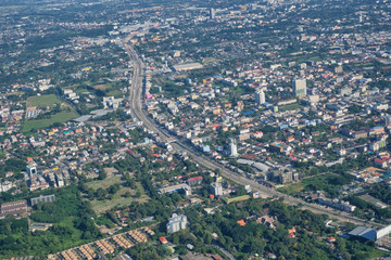 Aerial city view from the airplane in Thailand.