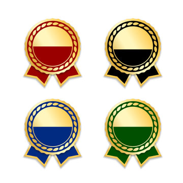 Award ribbons isolated set. Gold green design medal, label, badge, certificate. Symbol best sale, price, quality, guarantee or success, achievement. Golden ribbon award decoration Vector illustration