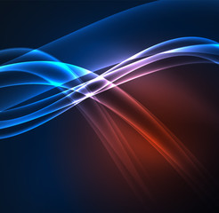 Energy lines, glowing waves in the dark, vector abstract background