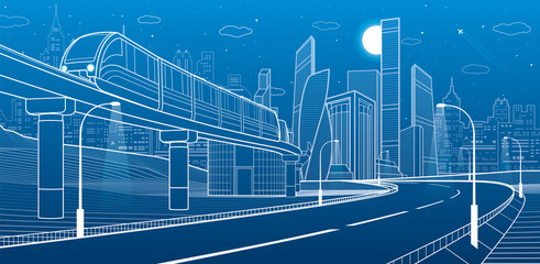 City infrastructure and transport illustration. Monorail railway. Train move over flyover. Modern night city. Airplane fly. Towers and skyscrapers. White lines on blue background, vector design art