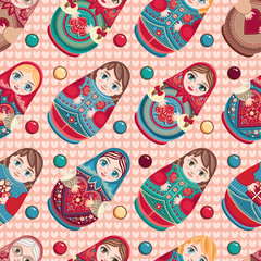 Russian souvenir. Matryoshka - babushka doll. Seamless pattern. Vector