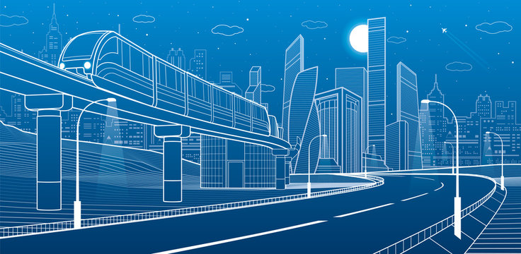 City infrastructure and transport illustration. Monorail railway. Train move over flyover. Modern night city. Airplane fly. Towers and skyscrapers. White lines on blue background, vector design art