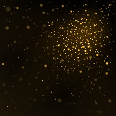 Gold stars black night sky background. Abstract bokeh glowing space design. Starry milky way. Galaxy golden starlight shine sparkle. Golden shiny fantasy glow in dark Vector illustration