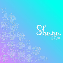 Rosh hashana greeting card with abstract apple, pomegranate and fish illustration.  Place for text ."Shana Tova" (Happy New Year on hebrew). 