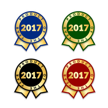 Ribbons award best product of year 2017 set. Gold ribbon award icon isolated white background. Best product golden label for prize, badge, medal, guarantee quality product Vector illustration