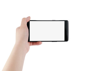 female teen left hand holding smartphone isolated on white