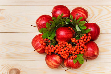 Autumnal composition from fruits.apples and rowanberries with leaves.wooden background.fall concept.