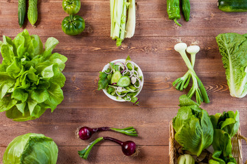 healthy vegan lunch bowl, top view vegetables salad