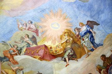 Rococo old religious shows painted on the ceiling of the church