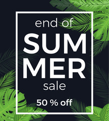 end of summer sale vector banner with palm leaves