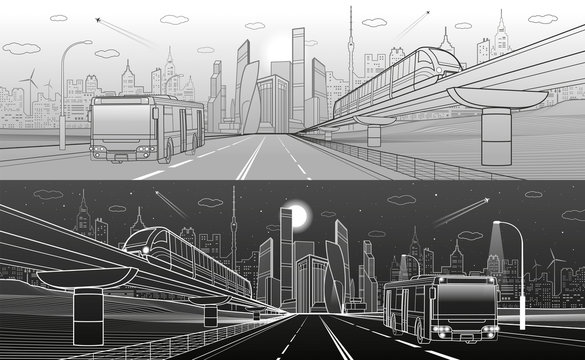 City infrastructure transport panorama. Monorail railway. Train move over flyover. Modern night city. Airplane fly. Towers and skyscrapers. Bus move. White and black lines, vector design art