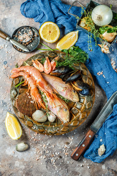 Sea fish, shrimp at table