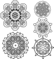 Set of five abstract floral round lace mandalas, decorative element in ethnic tribal style, black line art on a white background