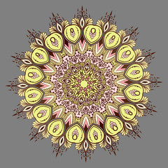 Drawing of a floral mandala in yellow and brown colors on a gray background. Hand drawn tribal vector stock illustration