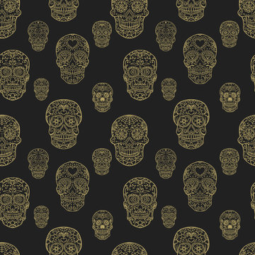 Seamless pattern with hand drawn sugar skulls. Day of the dead. Dia de los muertos.