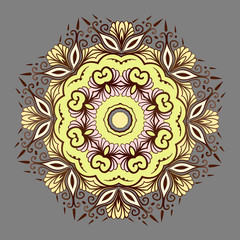 Drawing of a floral mandala in yellow and brown colors on a gray background. Hand drawn tribal vector stock illustration