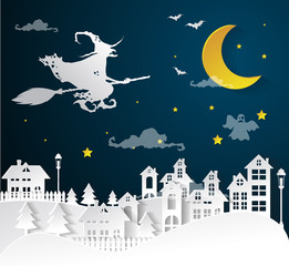 city winter and full moon with witch,Halloween night background.Vector illustration.