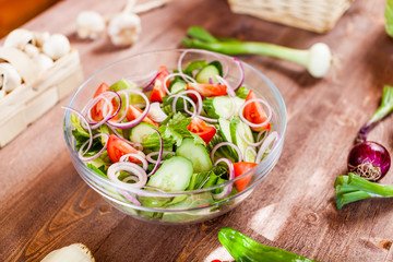 vegetable salad bowl on kitchen table, balanced diet