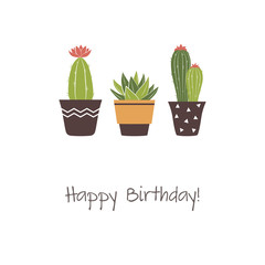 Greeting card with cactus. Vector hand drawn cactus and succulents. Happy birthday.