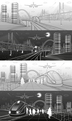 City and transport illustration set. Passengers get on train, people at station. Airplane fly. Modern town on background, towers and skyscrapers. Big bridge. White and gray lines. Vector design art