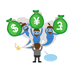 Genie Presenting Currency Bags to a Man