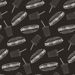 Monochrome outline cola and sub sandwich seamless pattern on dark brown background. Nice fashion fast food texture for textile, wallpaper, cover, wrapping paper, banner, bar and cafe menu design