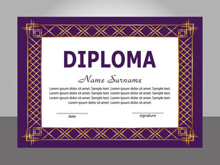 Retro vintage diploma template. Golden and purple frame. Vector