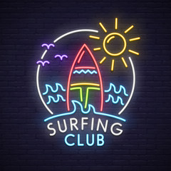 Surfing club neon sign. Neon sign, bright signboard, light banner. 