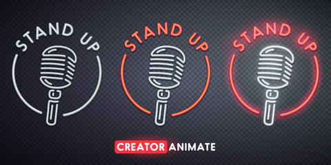 Stand Up neon sign. Creator animate. Isolated logo.