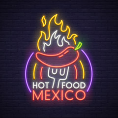 Hot Food neon sign, bright signboard, light banner. Mexico logo, emblem