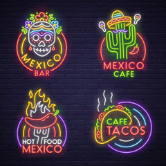 Set neon sign theme Mexico. bright signboard, light banner. Mexico food logo, emblem. 