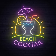 Cocktail neon sign, bright signboard, light banner. Cocktail logo, emblem