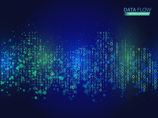 Abstract data flow background with binary code. Dynamic waves technology concept.  Vector illustration information stream.