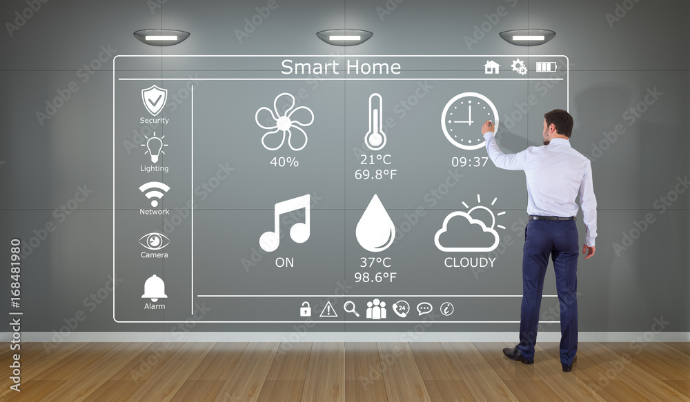 Aufkleber businessman using smarthome interface on a wall 3d rendering