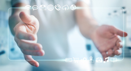 Businessman surfing on internet with digital tactile interface 3D rendering