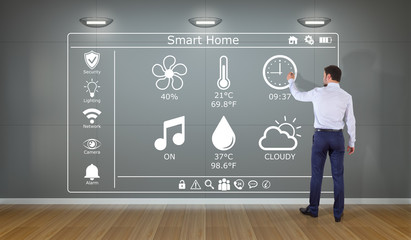 Businessman using smarthome interface on a wall 3D rendering