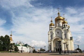 Christianity, temple, cathedral, church, gold domes, religion, metal, gold, architecture, design, crosses, bell, bell, windows, technology, white, gold, beige, summer, sky, clouds, cityscape with chur