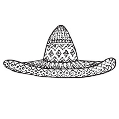 Sombrero hat, hand drawn doodle, sketch in woodcut style, black and white vector illustration