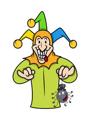 Happy Jester Holding Funny Spider Vector