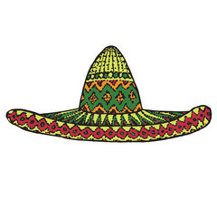 Sombrero hat, hand drawn doodle, sketch in woodcut style, color vector illustration