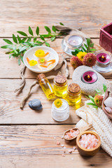 Autumn fall spa wellness setting concept, wooden background