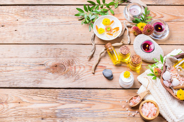Autumn fall spa wellness setting concept, wooden background