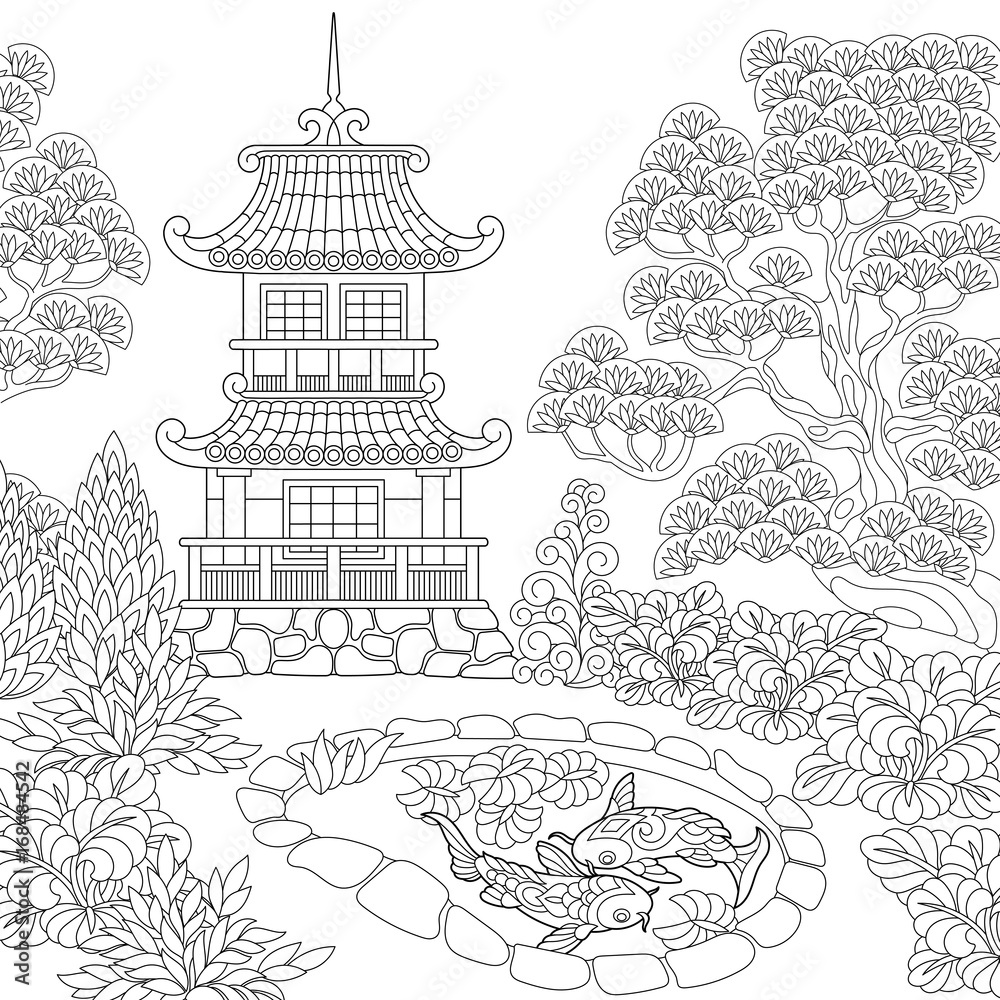 Wall mural coloring page of oriental temple. japanese or chinese pagoda tower. freehand sketch drawing for adul