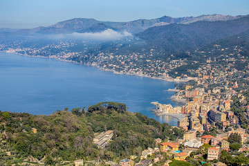 Aerial view of city of Camogli, Genoa (Genova) province, Ligurian riviera,  Mediterranean coast, Italy
