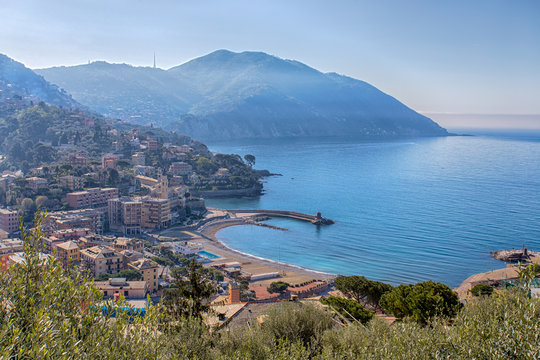 Aerial view of city of Recco, Genoa (Genova) province, Ligurian riviera, Italy.