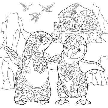 Coloring page of emperor penguins, polar bears and seagulls. Freehand sketch drawing for adult antistress coloring book in zentangle style.