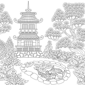 Coloring page of oriental temple. Japanese or chinese pagoda tower. Freehand sketch drawing for adult antistress coloring book in zentangle style.