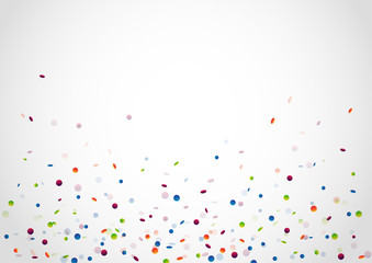 Festive white banner with bright colorful glossy confetti. Vector illustration